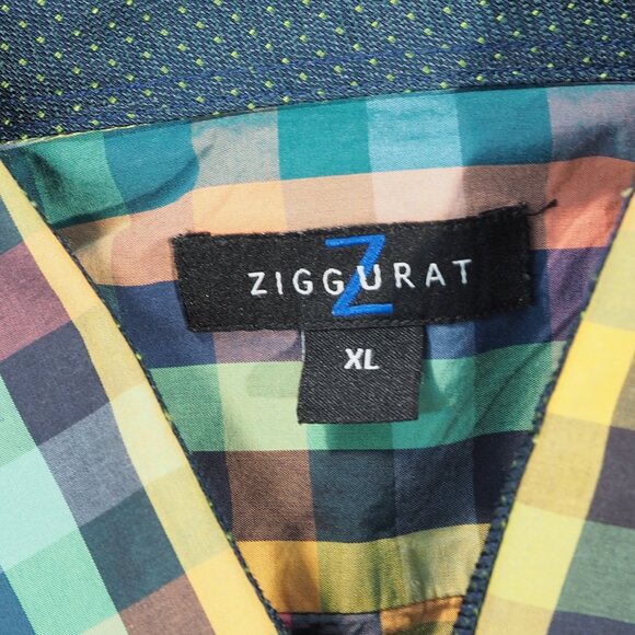 Ziggurat Shirt Mens Extra Large Green Blue Graph Check Flip Cuff Rainbow Maximal - Picture 3 of 10
